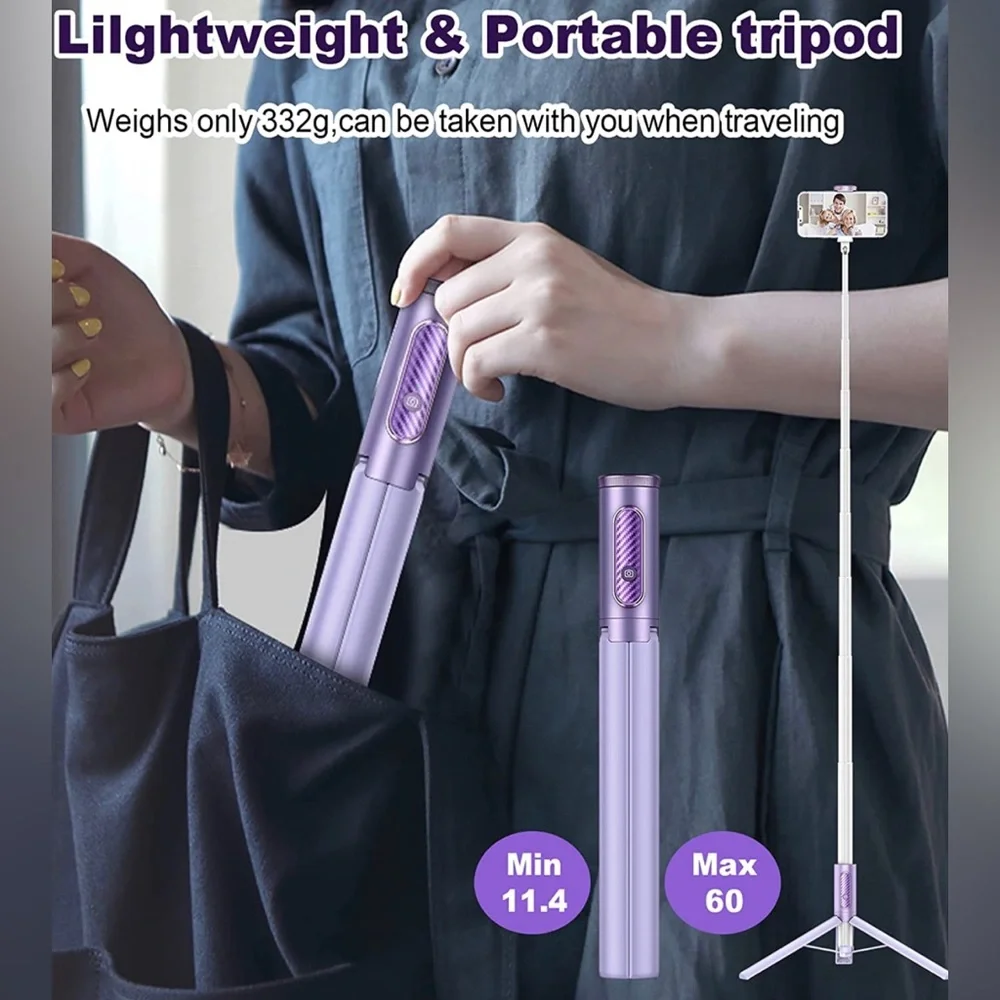 BRAND NEW PURPLE SELFIE STICK 60”TRIPOD COMBO. ALL IN 1 WITH WIRELESS REMOTE